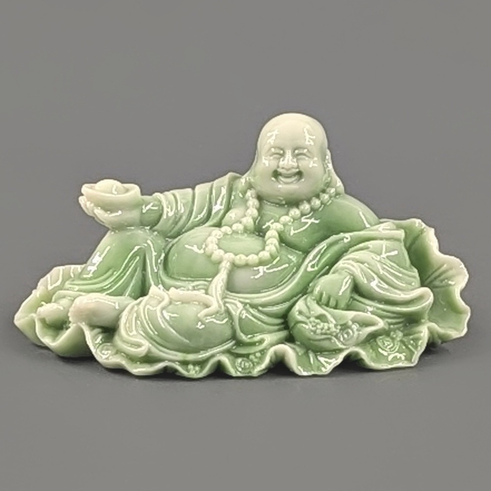 Green Faux Jade Reclining Laughing Buddha Hotei Figurine Lotus Leaf 5 Inch